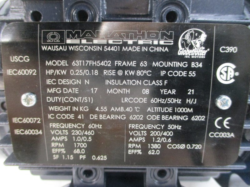 MARATHON ELECTRIC 63T17FH5402 230/460-200/400V 1.0/0.5-1.2/0.6A NSMP