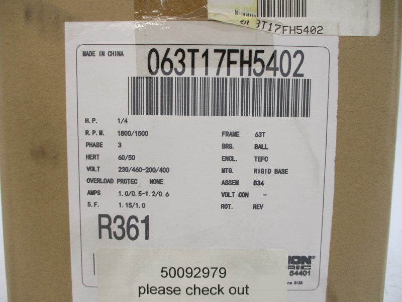 MARATHON ELECTRIC 63T17FH5402 230/460-200/400V 1.0/0.5-1.2/0.6A NSMP