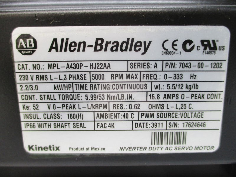 ALLEN BRADLEY MPL-A430P-HJ22AA SER. A 230VAC 16.8A NSMP