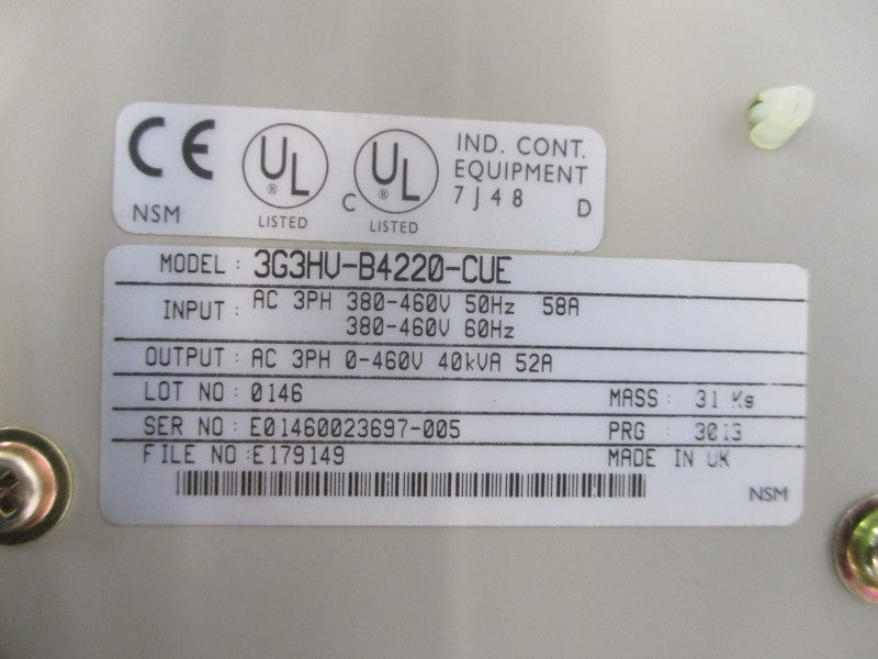 OMRON 3G3HV-B4220-CUE 380-460VAC 58A UNMP