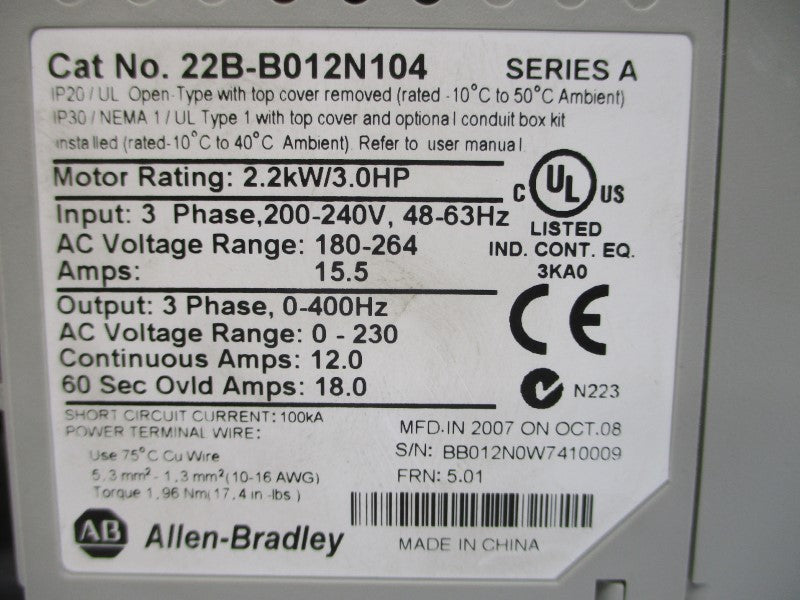 ALLEN BRADLEY 22B-B012N104 SER. A F/W 5.01 200-240VAC 15.5A NSNP