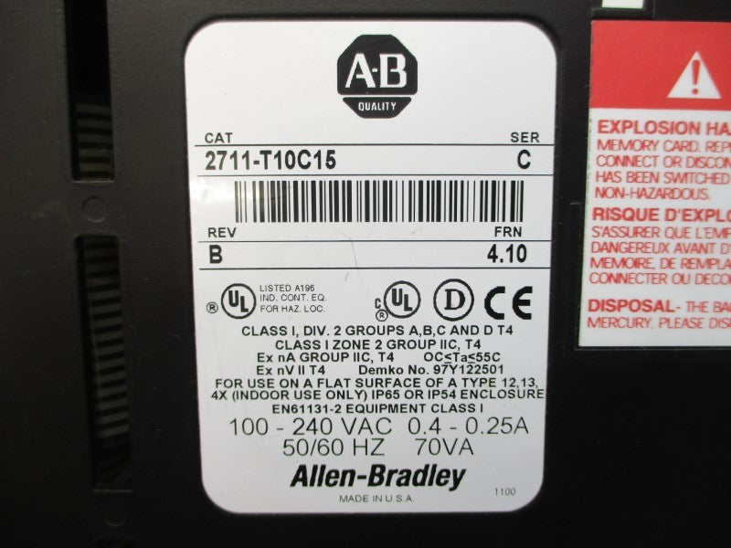 ALLEN BRADLEY 2711-T10C15 SER. C F/W 4.10 100-240VAC 0.4-0.25A UNMP