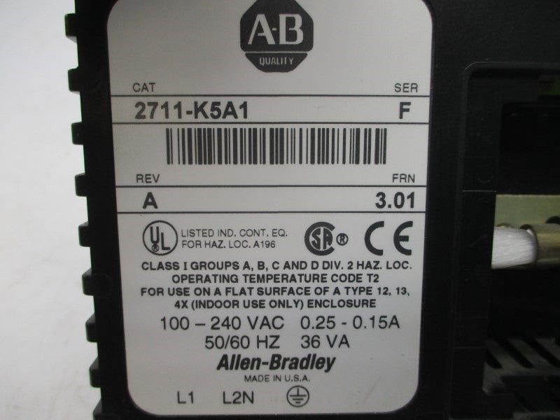 ALLEN BRADLEY 2711-K5A1 SER. F F/W 3.01 100-240VAC 0.25-0.15A UNMP