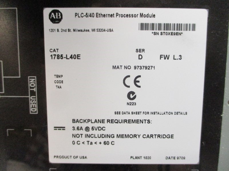 ALLEN BRADLEY 1785-L40E SER. D F/W L.3 5VDC 3.6A REMAN