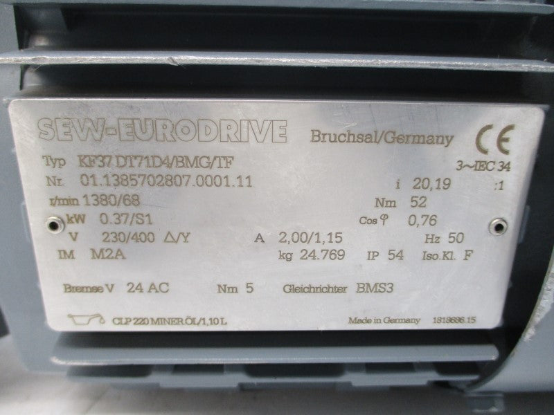 SEW-EURODRIVE KF37DT71D4/BMG/TF 230/400V 2.00/1.15A NSNP
