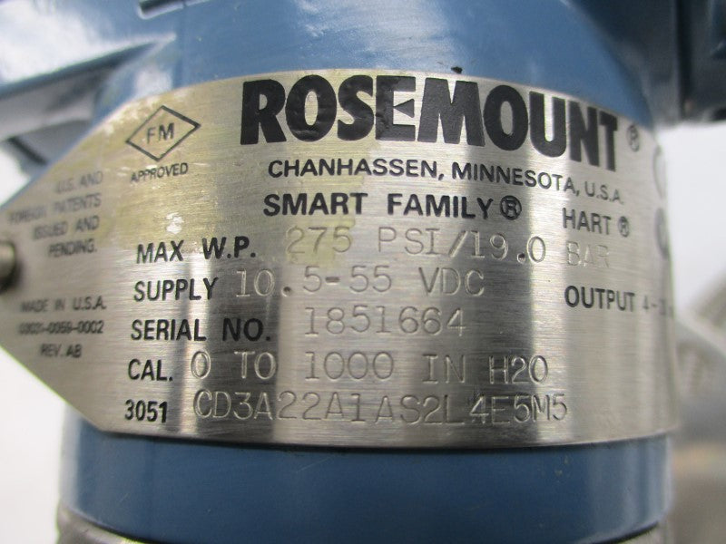 ROSEMOUNT 3051CD3A22A1AS2L4E5M5 10.5-55VDC 275PSI NSNP