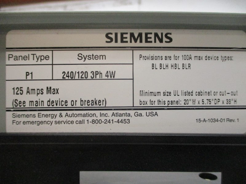 SIEMENS P1B30E4100ATS 240/120V 125A NSMP