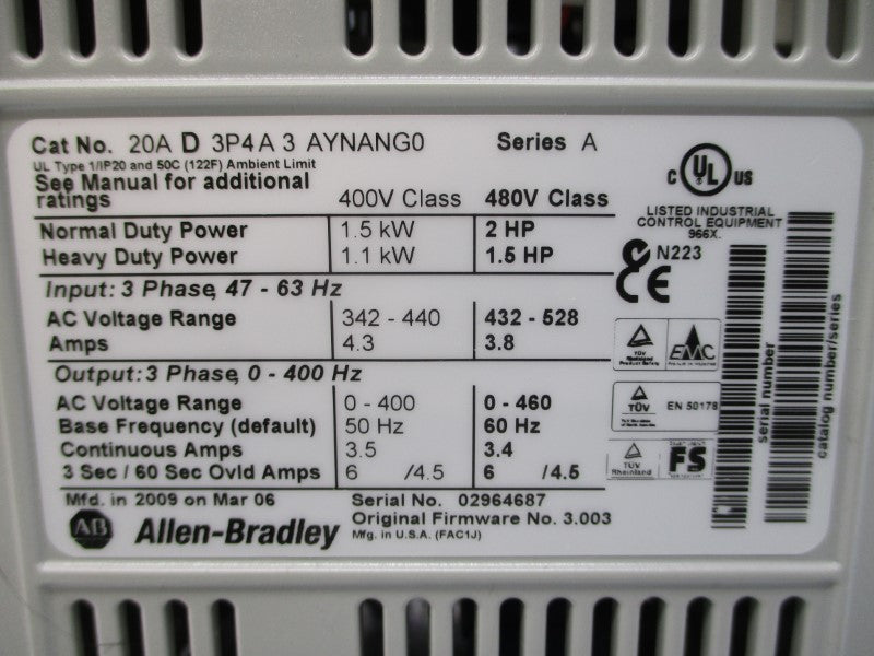 ALLEN BRADLEY 20AD3P4A3AYNANG0 SER. A F/W 3.003 480VAC 3.8A NSMP