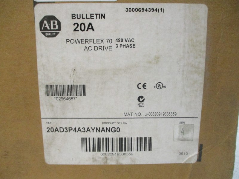 ALLEN BRADLEY 20AD3P4A3AYNANG0 SER. A F/W 3.003 480VAC 3.8A NSMP