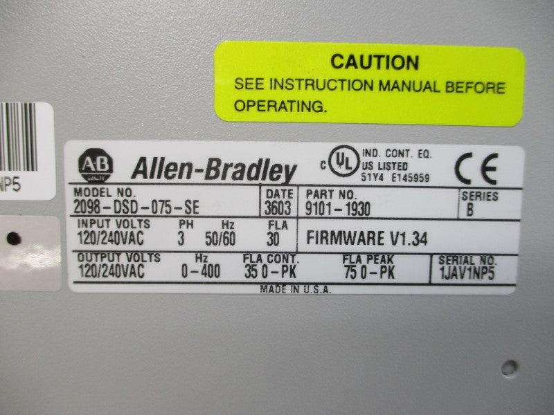 ALLEN BRADLEY 2098-DSD-075-SE SER. B F/W V1.34 120/240VAC 30A NSMP