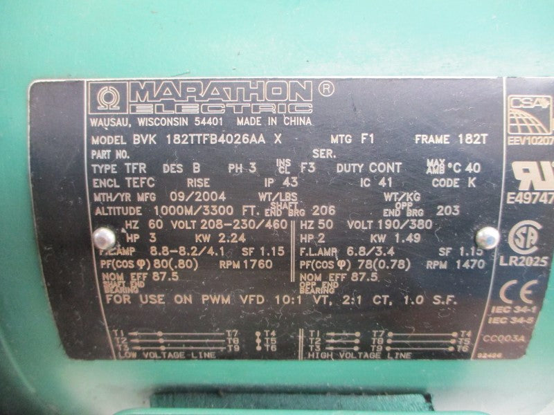 MARATHON ELECTRIC BVK182TTFB4026AAX 208-230/460V 8.8-8.2/4.1A NSNP