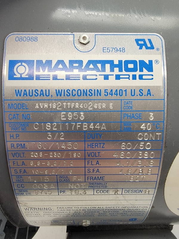 MARATHON ELECTRIC AVM182TTFR4026ERE E953 208-230/190V 8.8-8.2/7.2A NSNP