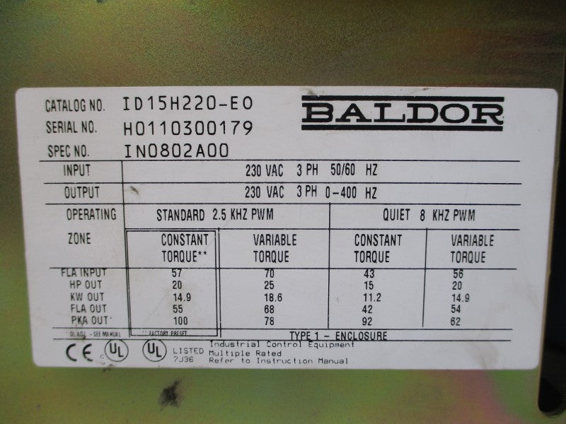 BALDOR ID15H220-E0 IN0802A00 230VAC 57A (NO COVER) UNMP