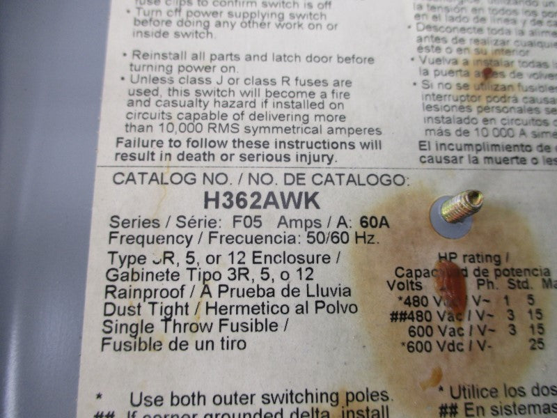 SQUARE D H362AWK SER. F05 600VAC 60A UNMP