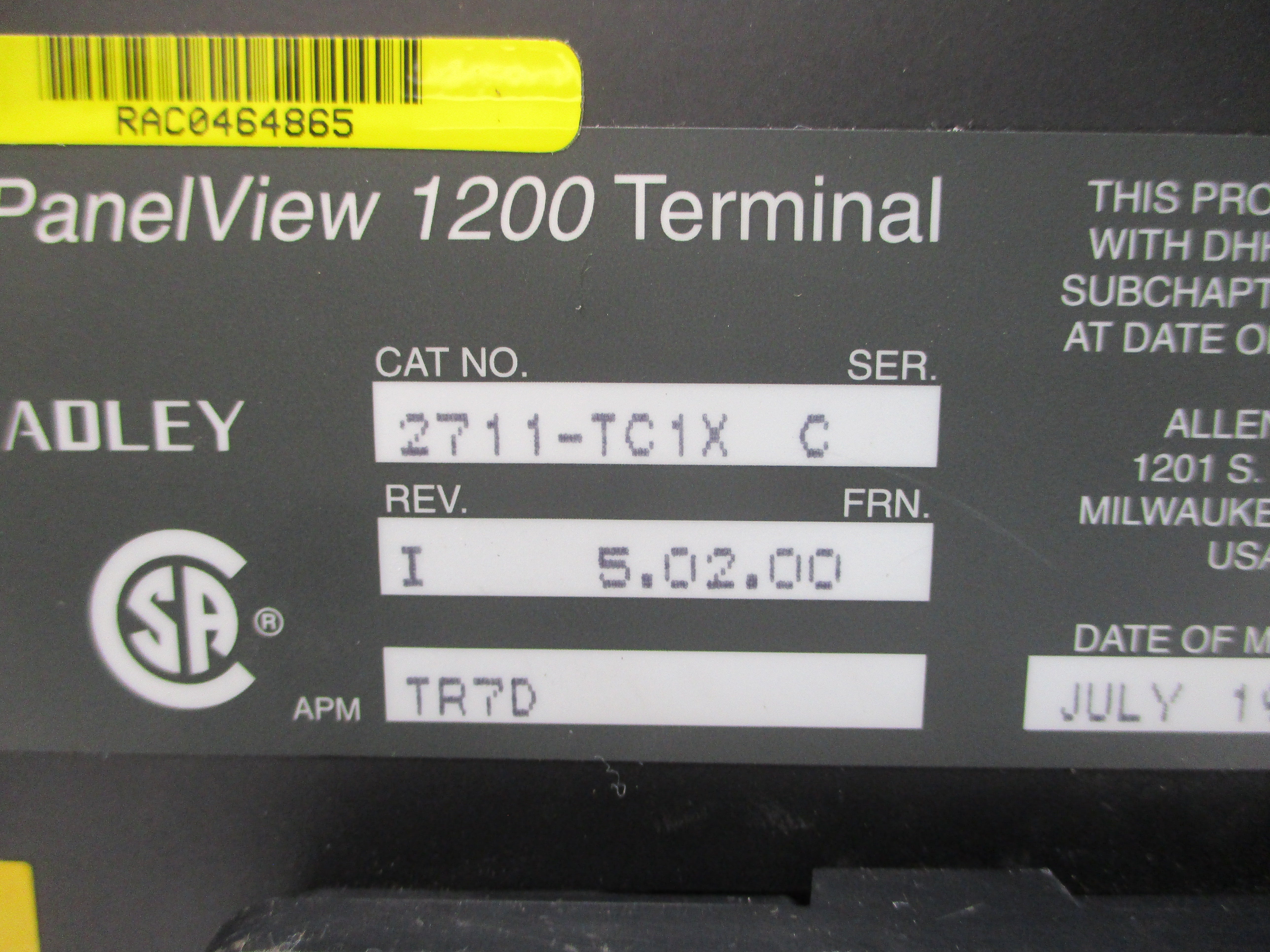 ALLEN BRADLEY 2711-TC1X SER. C F/W 5.02.00 115/230VAC 10A NSMP