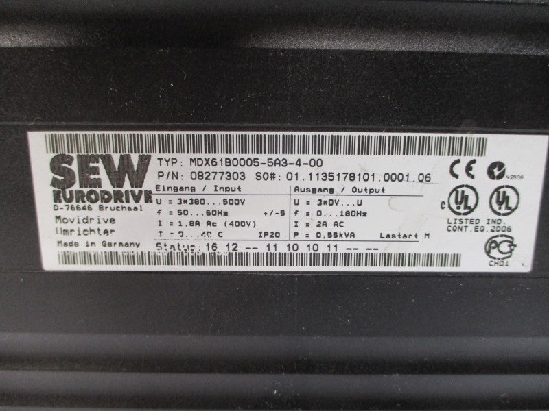 SEW EURODRIVE MDX61B0005-5A3-4-00 08277303 380-500V 1.8A UNMP
