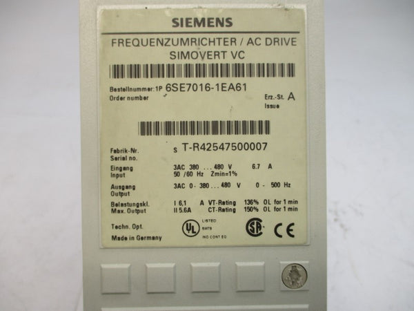 SIEMENS 6SE7016-1EA61 380-480VAC 6.7A UNMP
