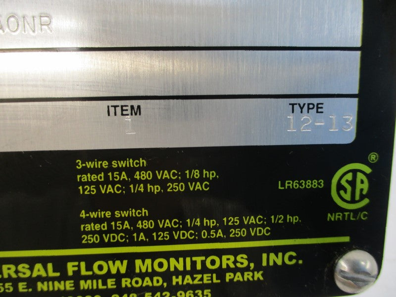 UNIVERSAL FLOW MONITORS SN-BSB5GMV-6-32V1.0-A0NR 480VAC 15A NSNP