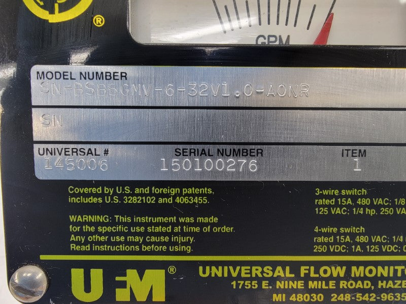UNIVERSAL FLOW MONITORS SN-BSB5GMV-6-32V1.0-A0NR 480VAC 15A NSNP