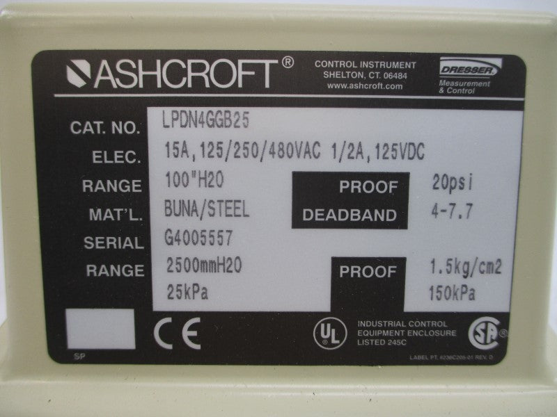 ASHCROFT LPDN4GGB25 480VAC 15A 20PSI NSMP