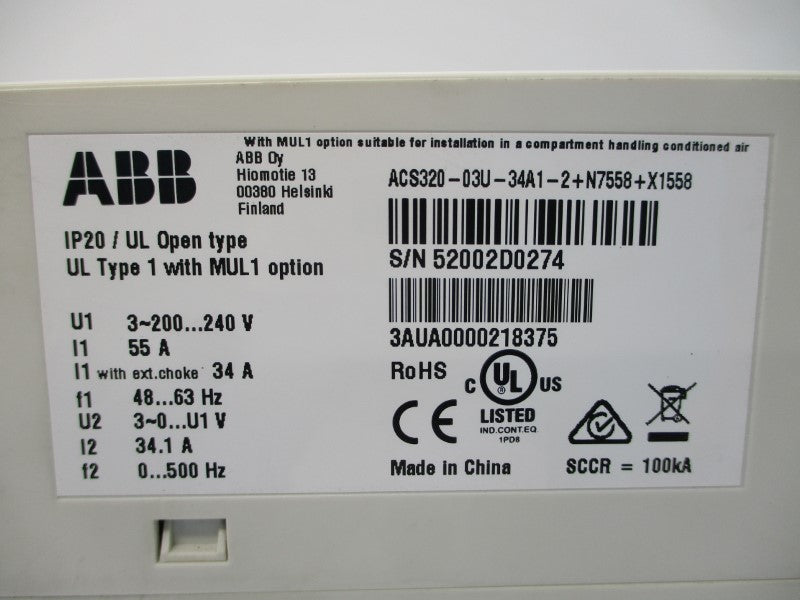 ABB ACS320-03U-34A1-2+N7558+X1558 3AUA0000218375 200-240V 55A UNMP