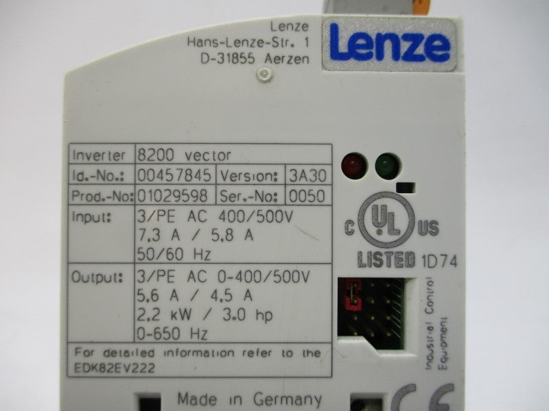 LENZE E82EV222K4C 00457845 400/500VAC 7.3/5.8A UNMP