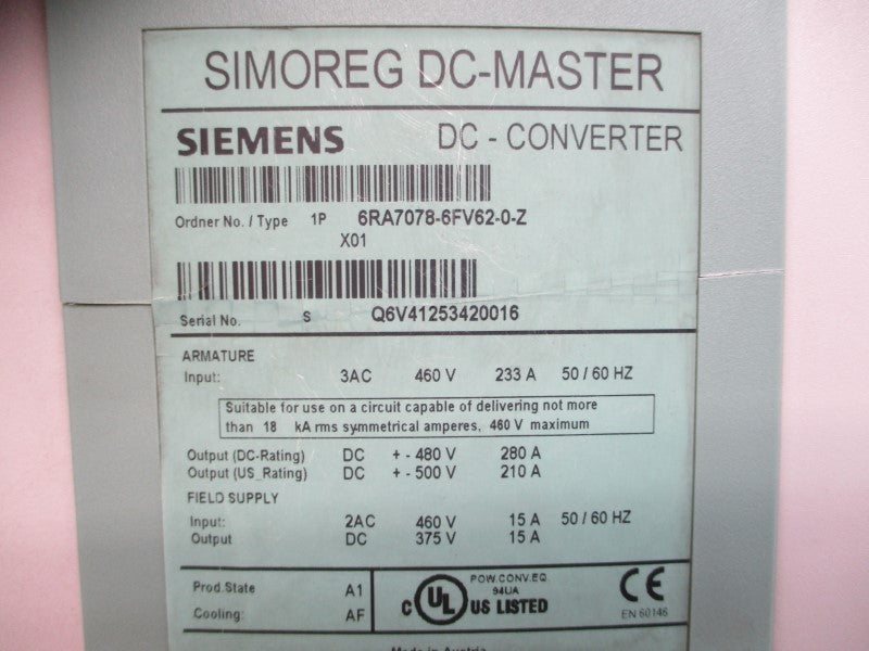 SIEMENS 6RA7078-6FV62-0-Z 460V 233A UNMP