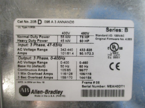 ALLEN BRADLEY 20BD096A3ANNAND0 SER. B F/W 4.003 480VAC 96/77A UNMP