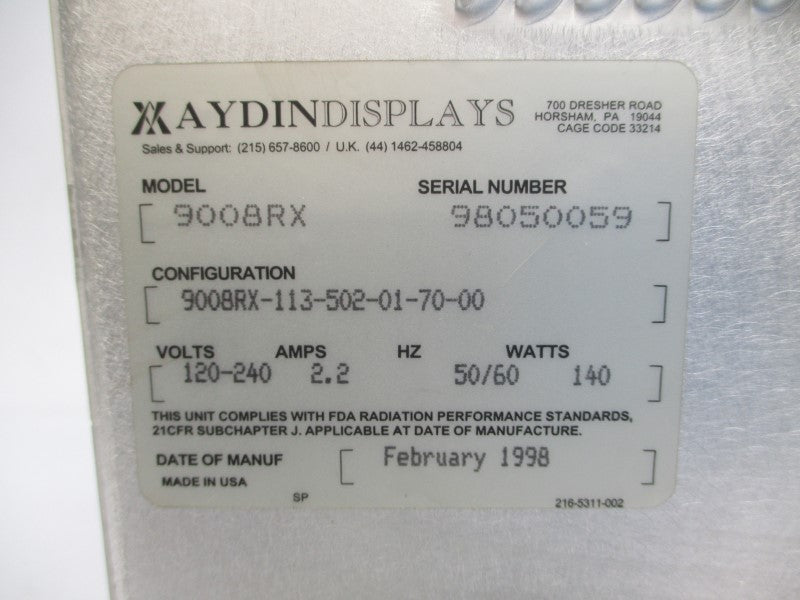 AYDIN DISPLAYS 9008RX 9008RX-113-502-01-70-00 120-240V 2.2A UNMP
