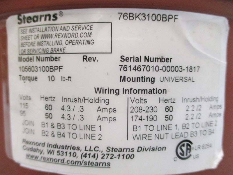 STEARNS 76BK3100BPF 105603100BPF 208-230V 2.2/2A NSNP