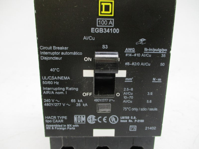 SQUARE D EGB34100 SER. 3 277V 100A NSMP