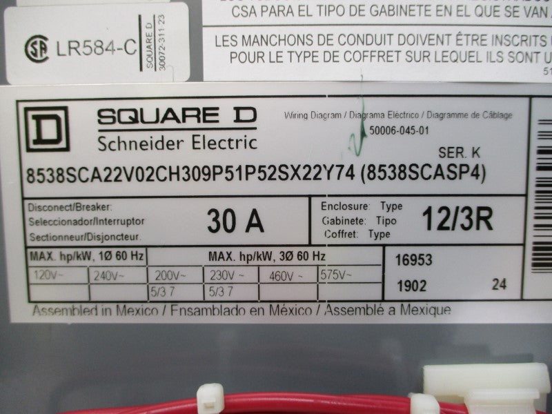 SQUARE D 8538SCA22V02CH309P51P52SX22Y74 (8538SCASP4) SER. K 575VAC 30A NSMP