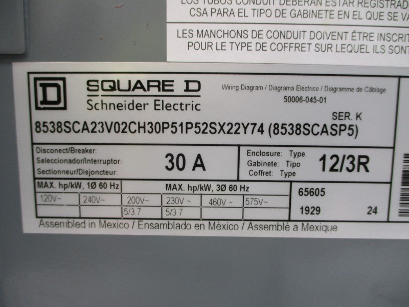 SQUARE D 8538SCA23V02CH30P51P52SX22Y74 (8538SCASP5) SER. K 575VAC 30A NSMP