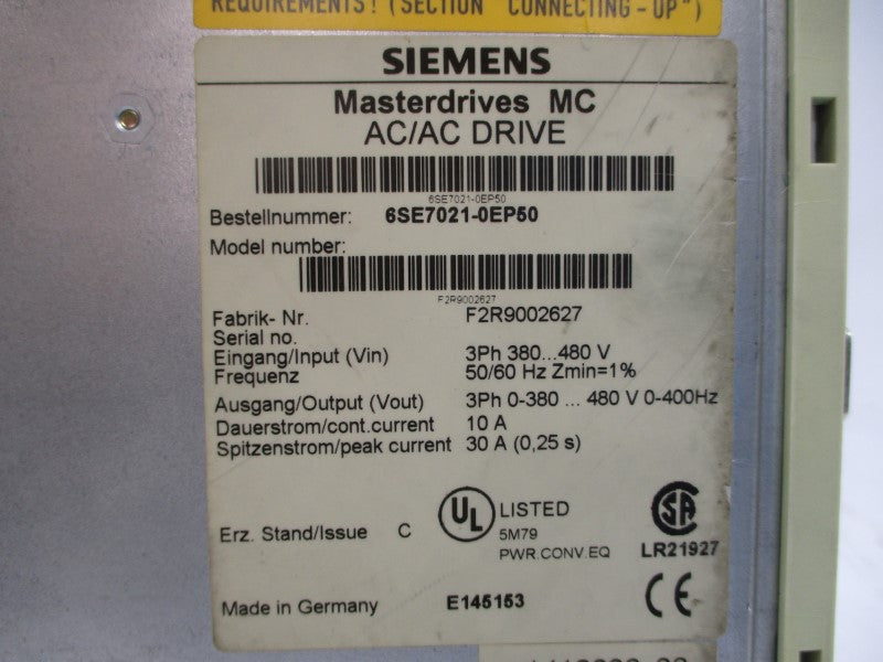 SIEMENS 6SE7021-0EP50 380-480VAC 30A UNMP
