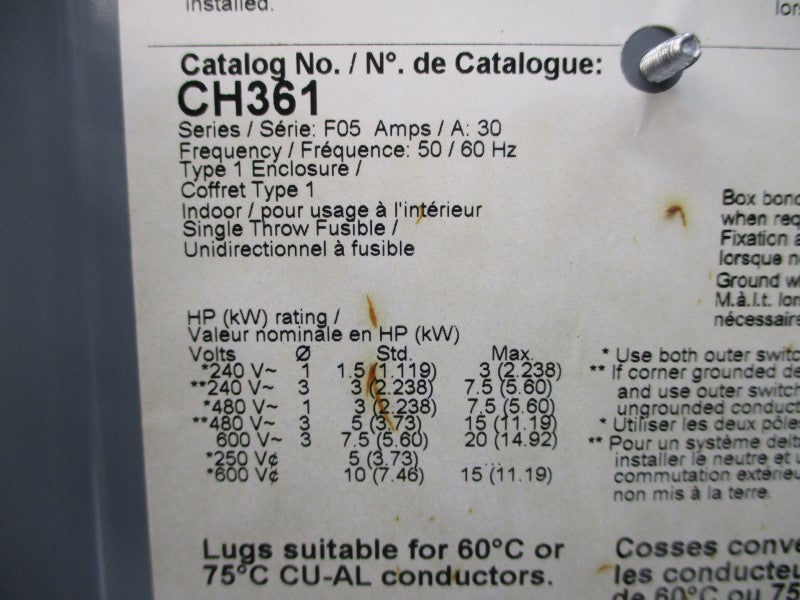 SQUARE D CH361 SER. F05 600VAC 30A UNMP