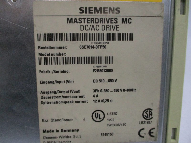 SIEMENS 6SE7014-0TP50 510/650VDC 12A UNMP