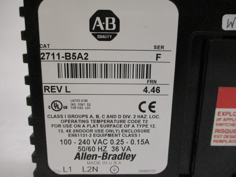 ALLEN BRADLEY 2711-B5A2 SER. F F/W 4.46 100-240VAC 0.25-0.15A REMAN
