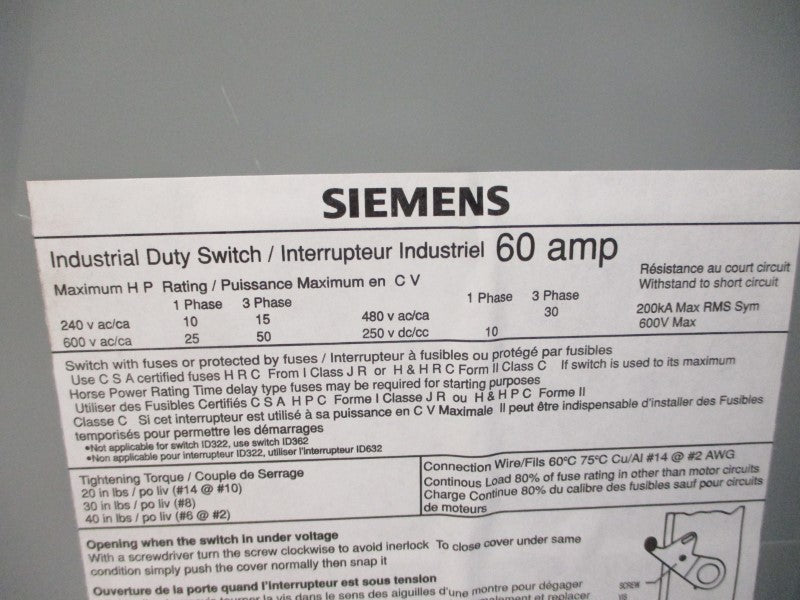 SIEMENS ID362 600VAC 60A NSMP