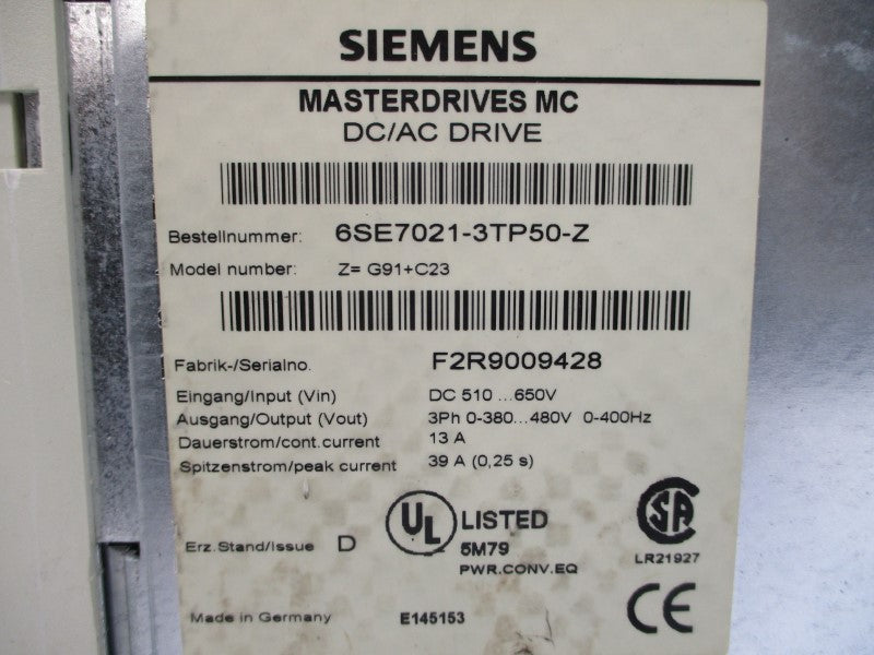 SIEMENS 6SE7021-3TP50-Z 510-650VDC 39A UNMP