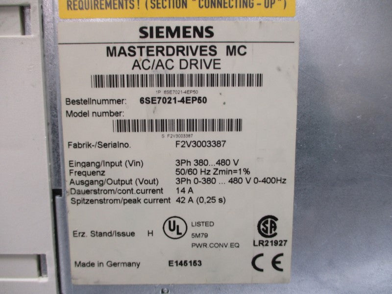 SIEMENS 6SE7021-4EP50 380-480VAC 42A NSNP