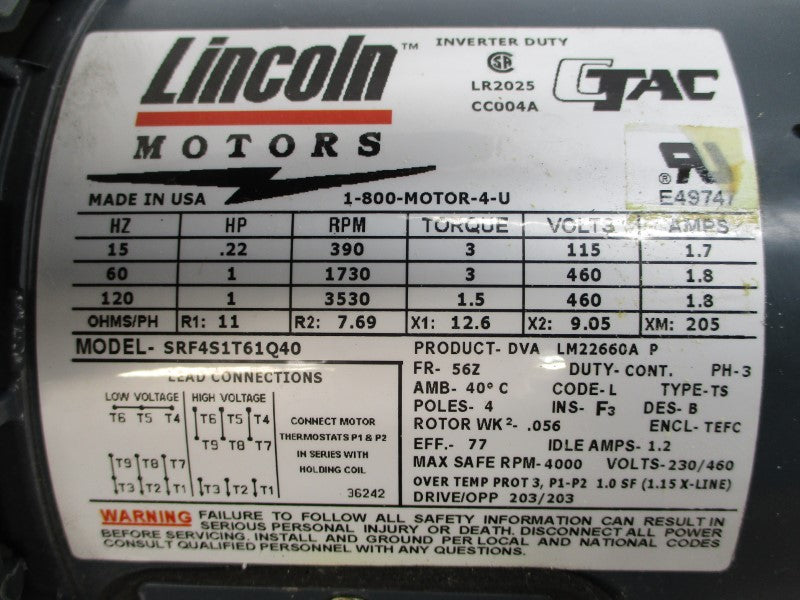 LINCOLN MOTORS SRF4S1T61Q40 460V 1.8A NSNP