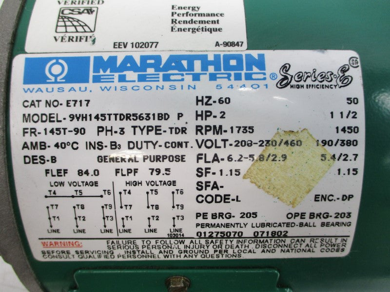 MARATHON ELECTRIC E717 9VH145TTDR5631BDP 208-230/460V 6.2-5.8/2.9A NSNP