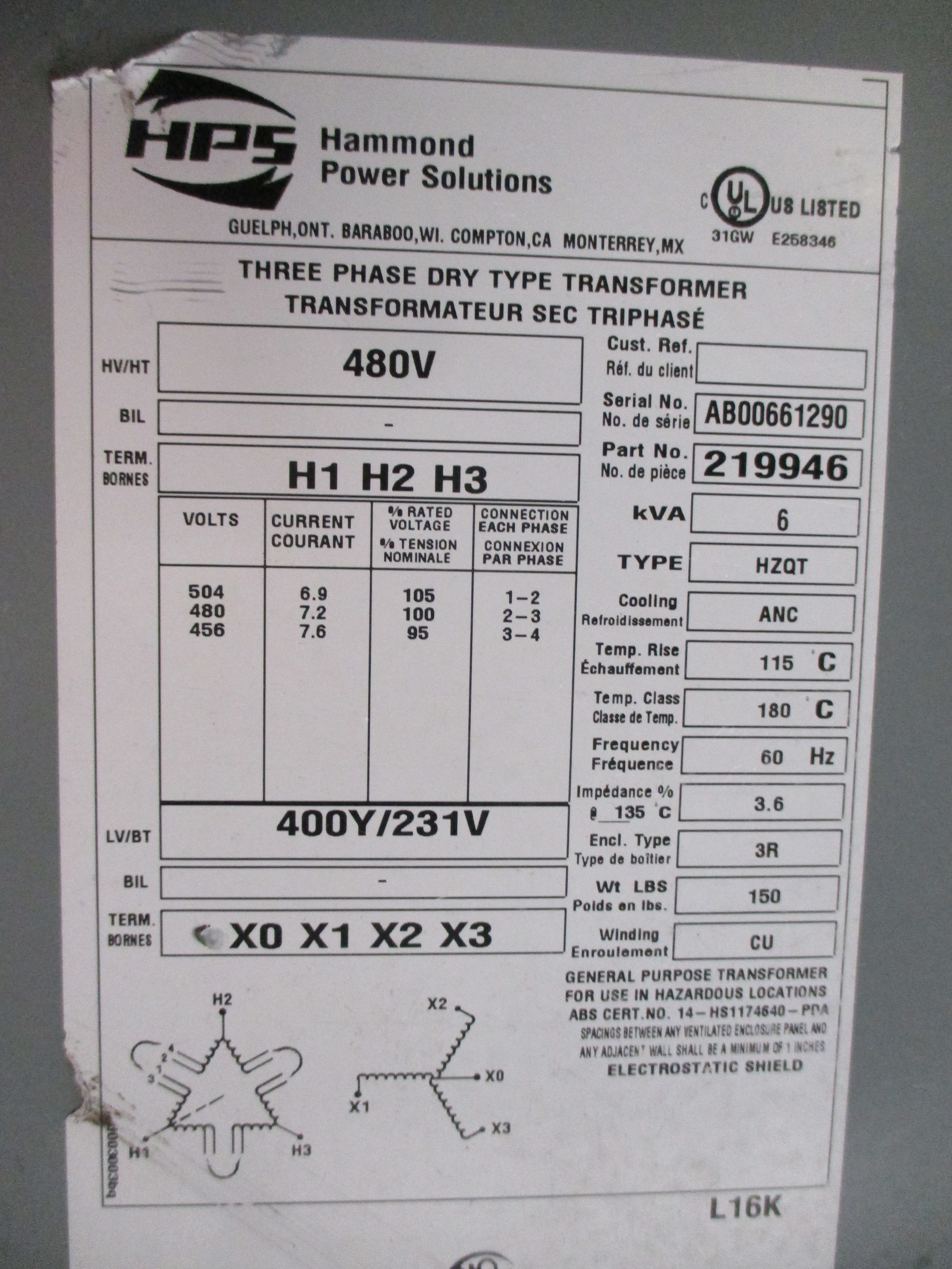 HAMMOND POWER SOLUTIONS 219946 HZQT 480V UNMP