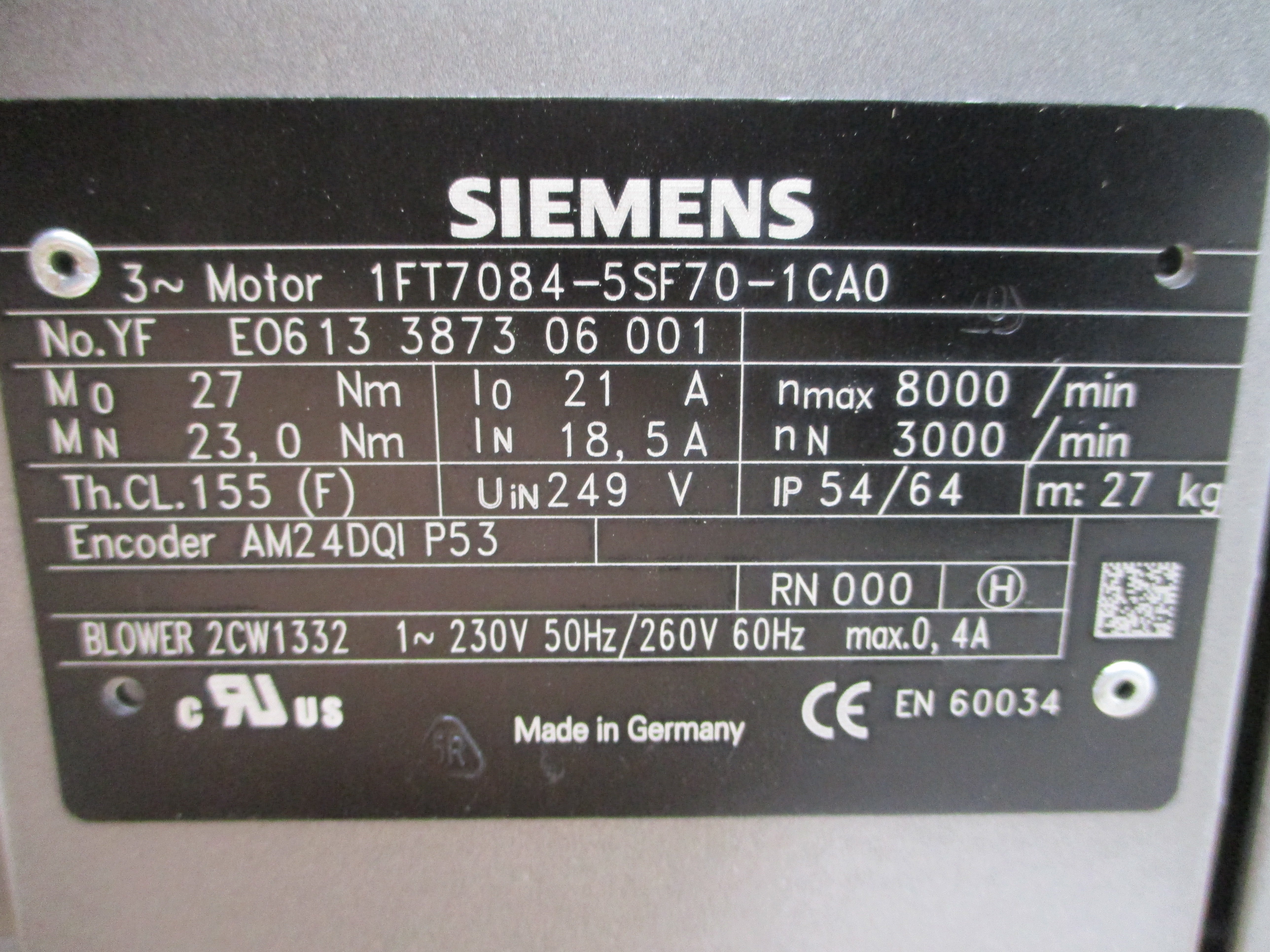 SIEMENS 1FT7084-5SF70-1CA0 249V 18.5/21A NSMP
