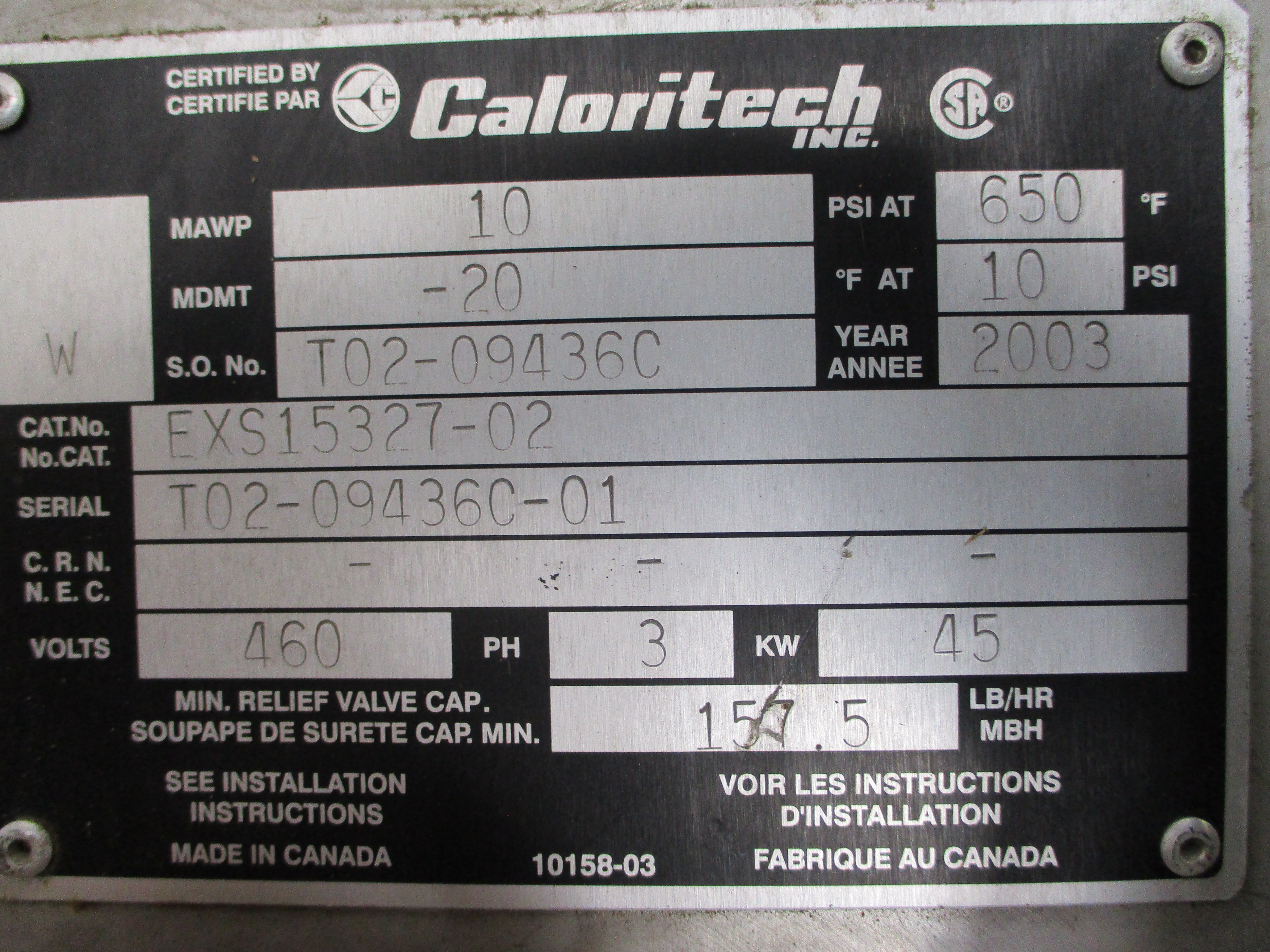 CALORITECH EXS15327-02 460V 10PSI 650'F UNMP