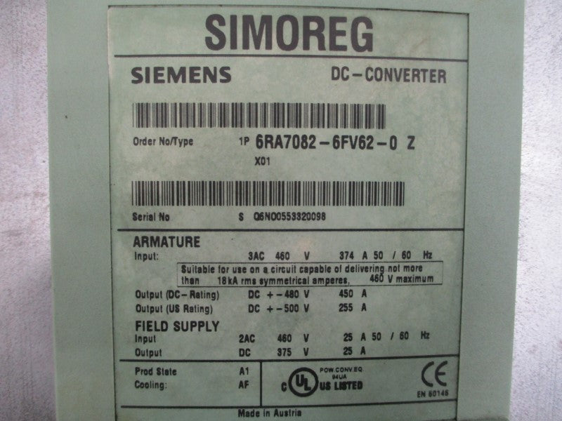 SIEMENS 6RA7082-6FV62-0Z 460VDC 374A UNMP