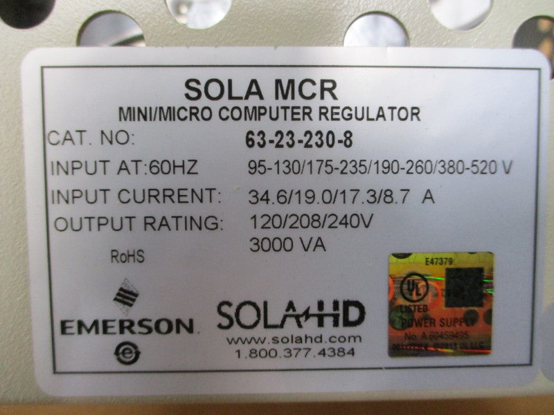 EMERSON SOLA 63-23-230-8 120/208/240/480V 34.6/19.0/17.3/8.7A NSMP