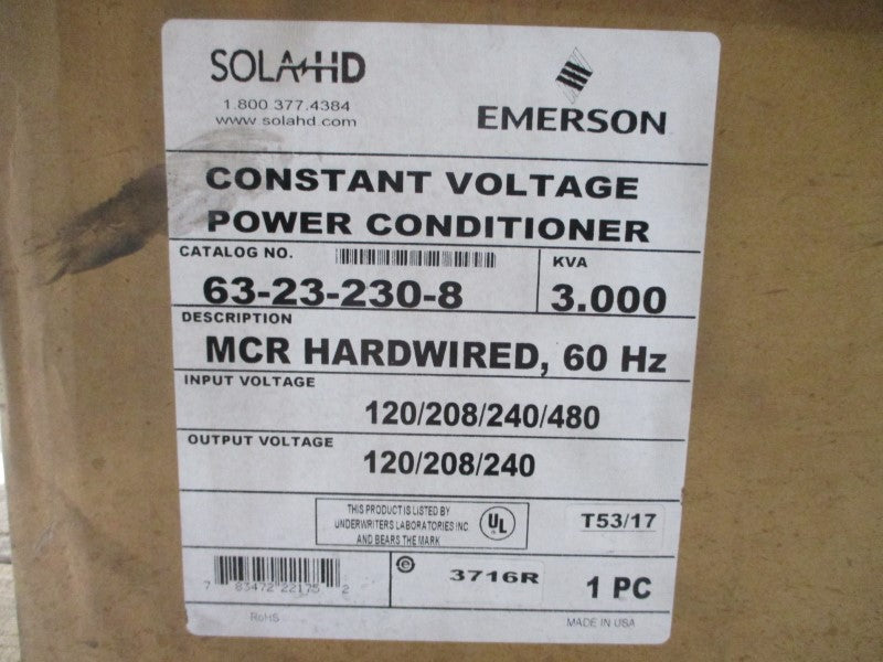EMERSON SOLA 63-23-230-8 120/208/240/480V 34.6/19.0/17.3/8.7A NSMP
