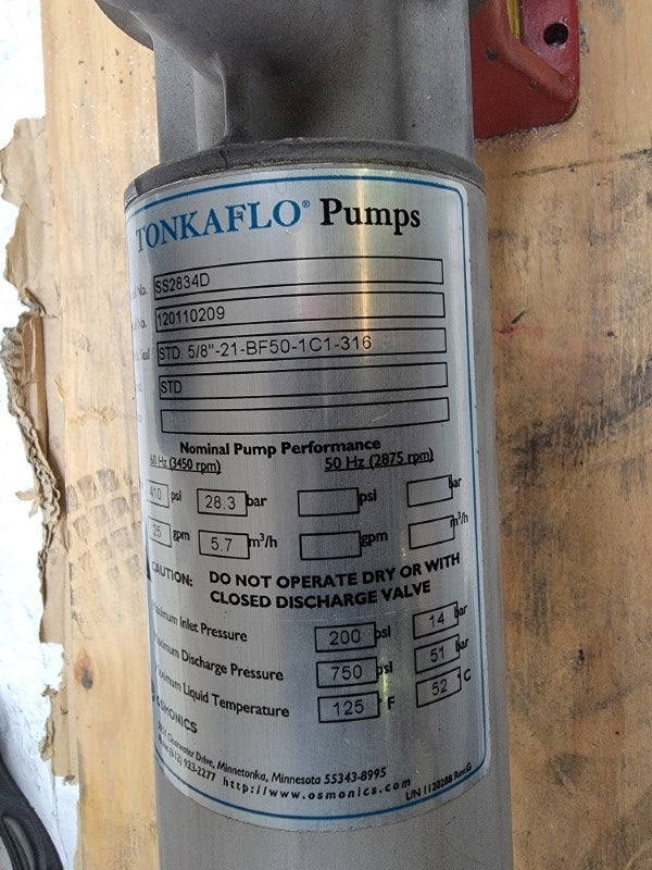 TONKAFLO PUMPS SS2834D 8VJ215TTFW7021ABL 208-230/460V 40-37/18.5A 200PSI NSNP