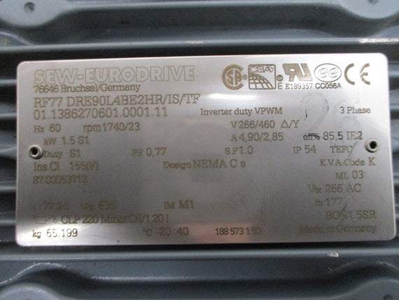 SEW-EURODRIVE RF77DRE90L4BE2HR/IS/TF 266/460V 4.90/2.85A NSNP